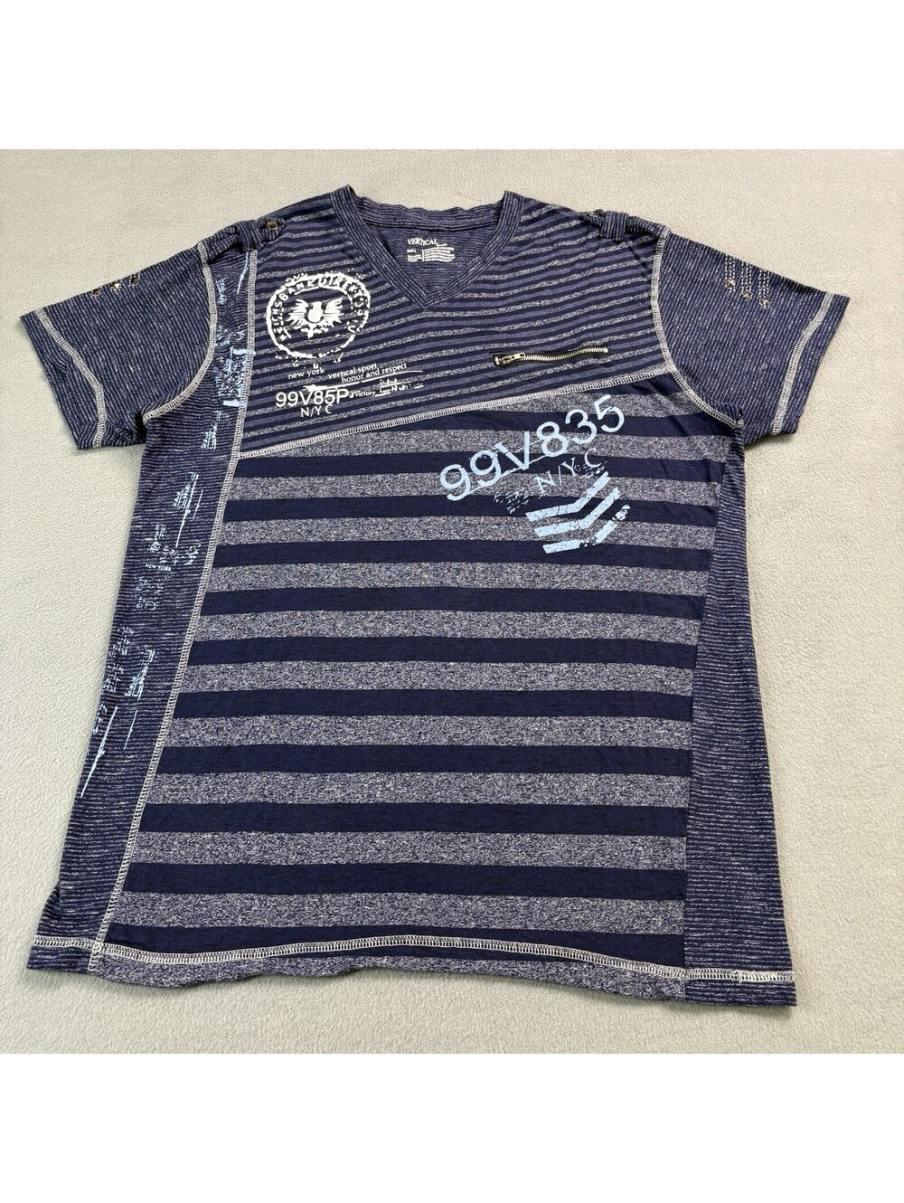 Y2K Vertical Sport Striped V Neck T Shirt Size Large (Fits Like A Medium) Blue